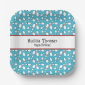 Blue Retro Bowling Theme Birthday Papieren Bordje (Voorkant)