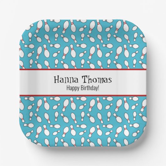 Blue Retro Bowling Theme Birthday Papieren Bordje (Voorkant)