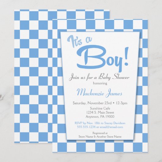 Blue Retro Boy 50s  Baby shower Uitnodiging (Voorkant / Achterkant)