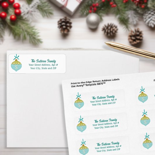 Blue Retro Christmas Ornament Monogram Etiket