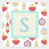 Blue Retro Christmas Ornament Monogram Vierkante Sticker (Voorkant)