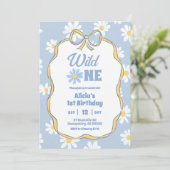 Blue Retro Daisy Coquette 1st Birthday Invitation Kaart (Staand voorkant)