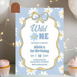 Blue Retro Daisy Coquette 1st Birthday Invitation Kaart