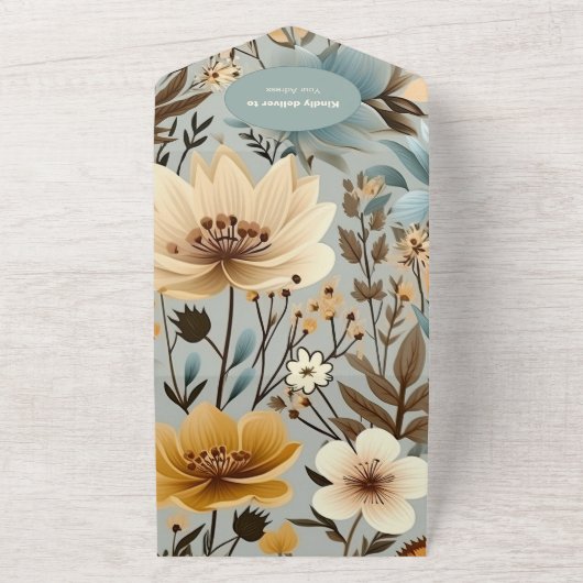 Blue Retro Een beetje Wildflower Baby shower All In One Uitnodiging (Buitenkant)