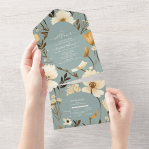 Blue Retro Een beetje Wildflower Baby shower All In One Uitnodiging