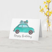 Blue Retro Fiat 500 Birthday Kaart (Gele Bloem)