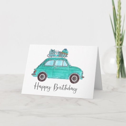Blue Retro Fiat 500 Birthday Kaart (Voorkant)