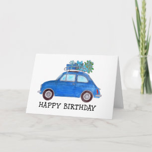 Blue Retro Fiat 500 Birthday Kaart