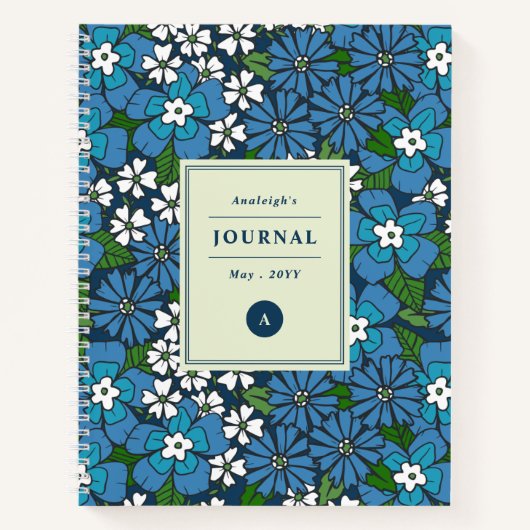 Blue Retro Floral Pattern Monogrammed Notitieboek (Voorkant)