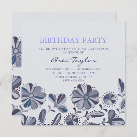 Blue Retro Flower Design Verjaardag Uitnodiging (Voorkant / Achterkant)