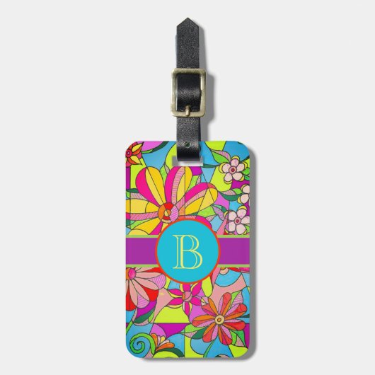 Blue Retro Flowers Bagagelabel (Voorkant verticaal)