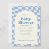 Blue Retro Groovy 70s dambord Baby shower Kaart (Voorkant)