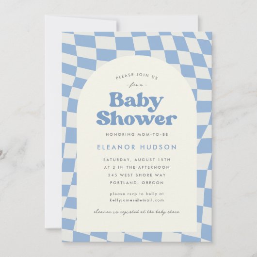 Blue Retro Groovy 70s dambord Baby shower Kaart (Voorkant)