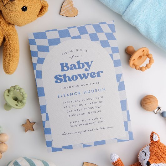 Blue Retro Groovy 70s dambord Baby shower Kaart