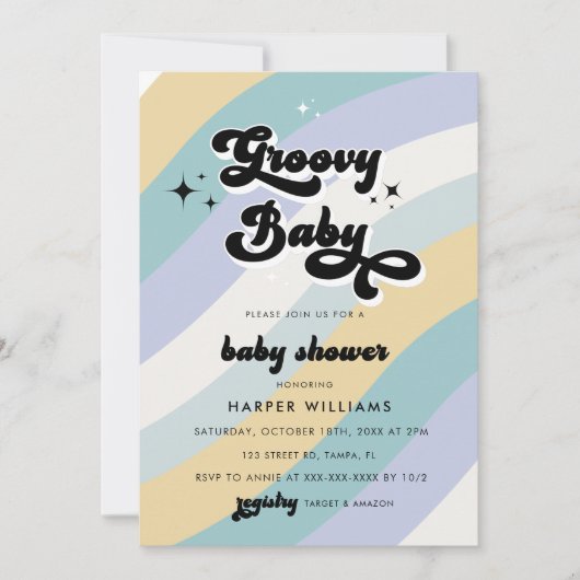 Blue Retro Groovy Baby shower Invitation Kaart (Voorkant)
