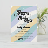 Blue Retro Groovy Baby shower Invitation Kaart (Staand voorkant)