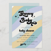Blue Retro Groovy Baby shower Invitation Kaart (Voorkant / Achterkant)
