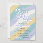 Blue Retro Groovy Baby shower Invitation Kaart (Voorkant)