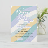 Blue Retro Groovy Baby shower Invitation Kaart (Staand voorkant)