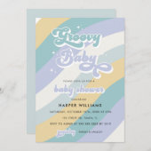 Blue Retro Groovy Baby shower Invitation Kaart (Voorkant / Achterkant)