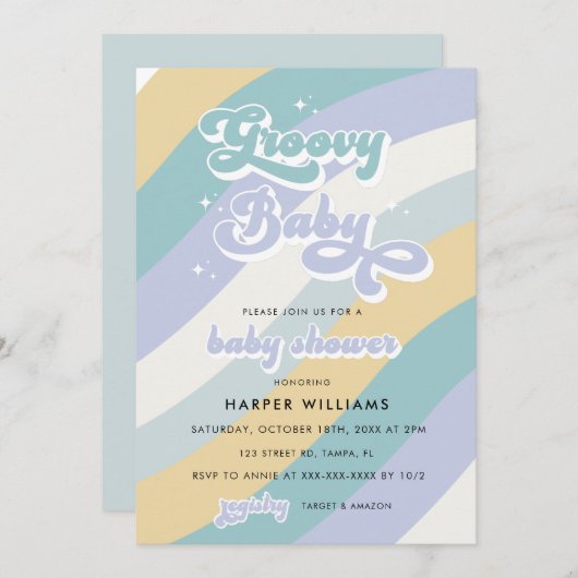 Blue Retro Groovy Baby shower Invitation Kaart (Voorkant / Achterkant)