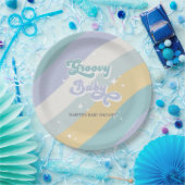 Blue Retro Groovy Baby shower Papieren Bordje (Feest)