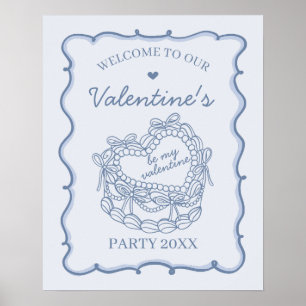 Blue Retro Heart Coquette Cake Valentijnse Welkom Poster