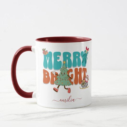 Blue Retro Merry Bright Naam Kerstboom Mok (Links)