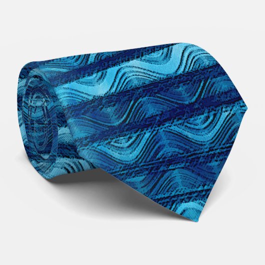 Blue Retro Modern Abstracte Tropische Golven Stropdas (Opgerold)