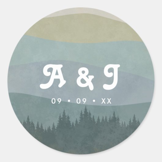 Blue Retro Mountains and Forest Wedding Monogram Ronde Sticker (Voorkant)