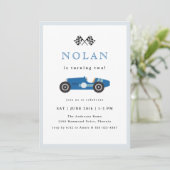Blue Retro Race Car Theme Birthday Kaart (Staand voorkant)