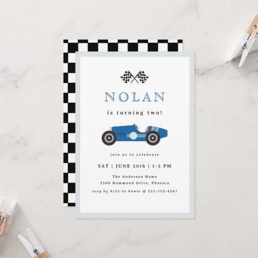 Blue Retro Race Car Theme Birthday Kaart (Voorkant / Achterkant in situ)