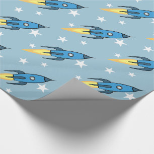 Blue Retro Rocket Ship Buitenspace Birthday Boy Cadeaupapier