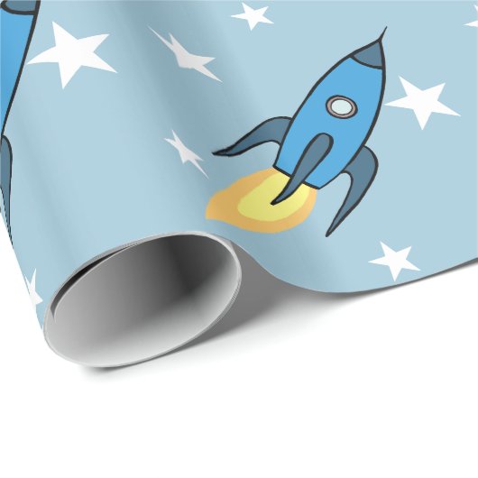 Blue Retro Rocket Ship Buitenspace Birthday Boy Cadeaupapier (Rol Hoek)