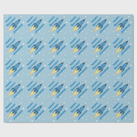 Blue Retro Rocket Ship Personalized Birthday Boy Cadeaupapier (Vlak)