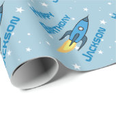 Blue Retro Rocket Ship Personalized Birthday Boy Cadeaupapier (Rol Hoek)