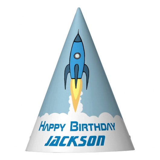 Blue Retro Rocket Ship Personalized Birthday Boy Feesthoedjes (Voorkant)