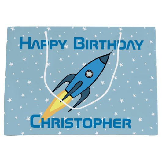 Blue Retro Rocket Ship Personalized Birthday Boy Large Cadeautasje (Voorkant)