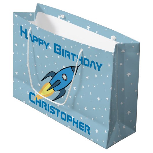 Blue Retro Rocket Ship Personalized Birthday Boy Large Cadeautasje (Voorkant Gekanteld)
