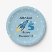 Blue Retro Rocket Ship Personalized Birthday Boy Papieren Bordje (Voorkant)