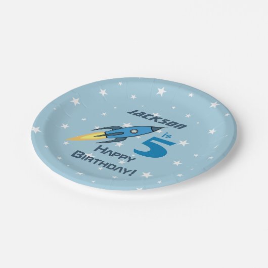 Blue Retro Rocket Ship Personalized Birthday Boy Papieren Bordje (Gekanteld)