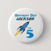 Blue Retro Rocket Ship Personalized Birthday Boy Ronde Button 5,7 Cm (Voorkant)