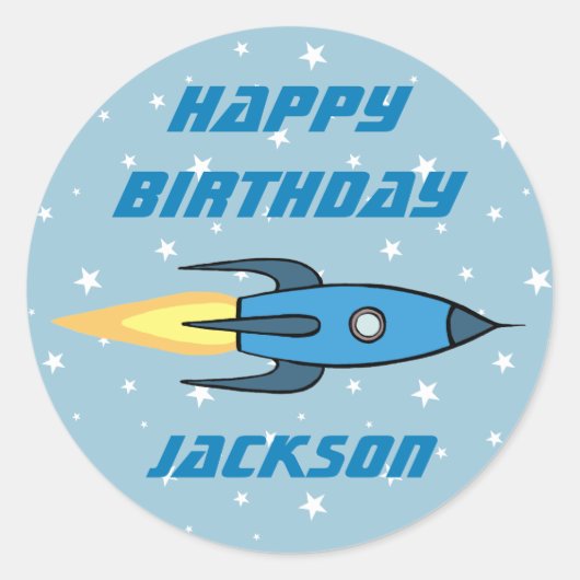 Blue Retro Rocket Ship Personalized Birthday Boy Ronde Sticker (Voorkant)