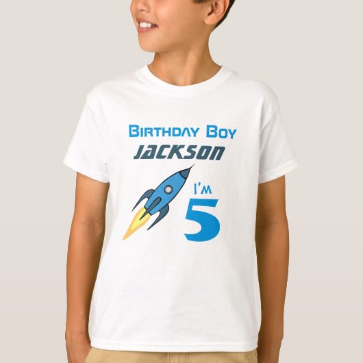 Blue Retro Rocket Ship Personalized Birthday Boy T-shirt (Voorkant)