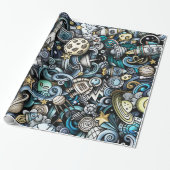 Blue Retro Space Patroon Cadeaupapier (Uitgerold)