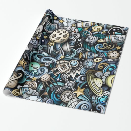 Blue Retro Space Patroon Cadeaupapier (Uitgerold)