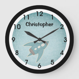Blue Retro Space Ship Wall Clock Grote Klok