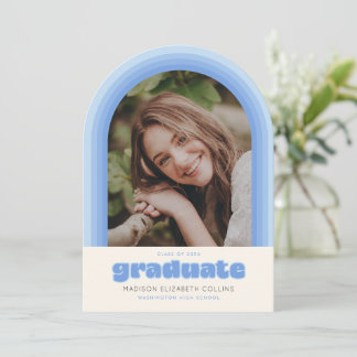 Blue Retro Striped Arch Graduation Announcement Kaart