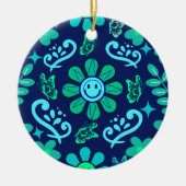 Blue Retro Style Floral and Sun Symbol Pattern Keramisch Ornament (Voorkant)