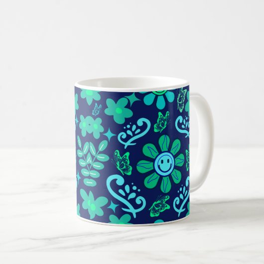 Blue Retro Style Floral and Sun Symbol Pattern Koffiemok (Voorkant rechts)